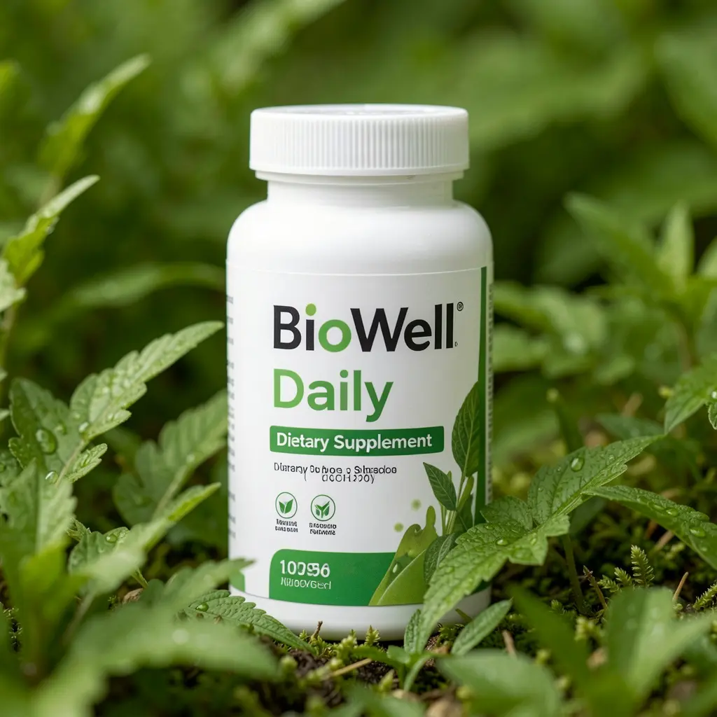 BioWell Daily dietary supplement bottle on a natural green background